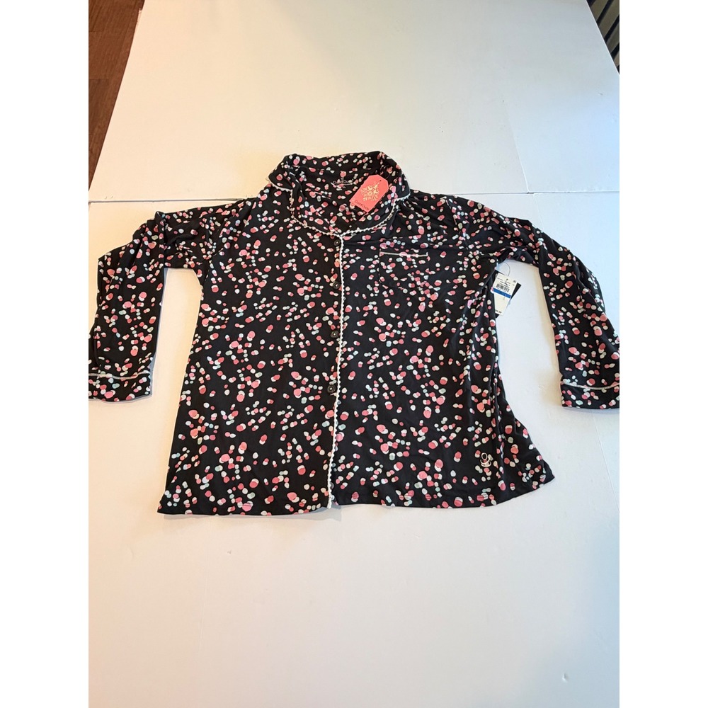Cuddl Duds Womens Pajama Top XL Black‎ Pink Confetti Dot Long Sleeve Button Down
